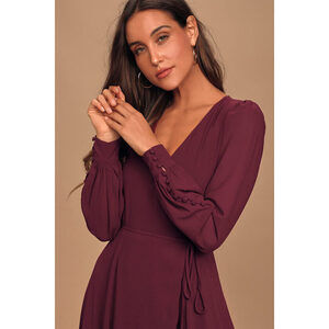 Lulus My Whole Heart Plum Long Sleeve Wrap Dress Purple - Size L